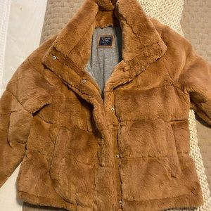 Abercrombie Faux Fur Mini Puffer in Camel